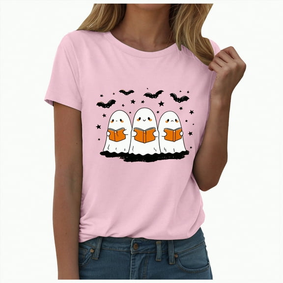 enyan Ghost Tee for Women T Shirts for Women Ladies Halloween Ghost Print Pattern Round Neck Short Sleeve T-Shirt Top/Shirt Pink,L