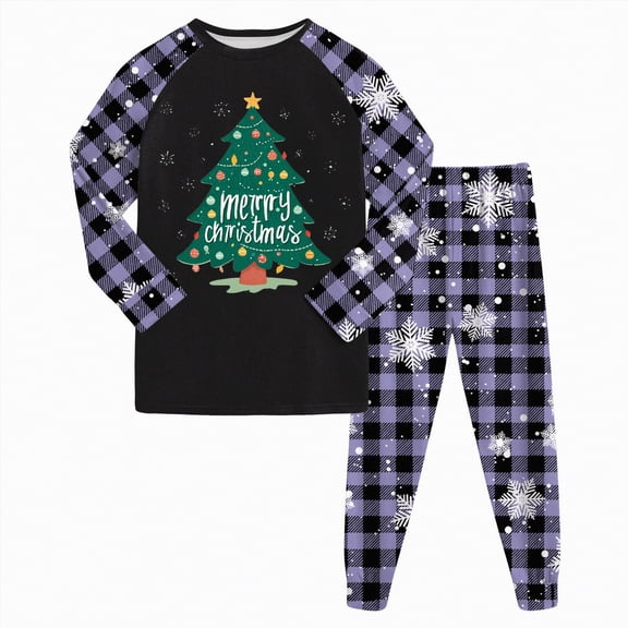 enyan Gi'rls Pj Sets Christmas 2 Pieces Outfit Set For Little Bo'ys Cartoon Tree Print Long Sleeve Crew Neck Nightwear Purple,6-7 Years