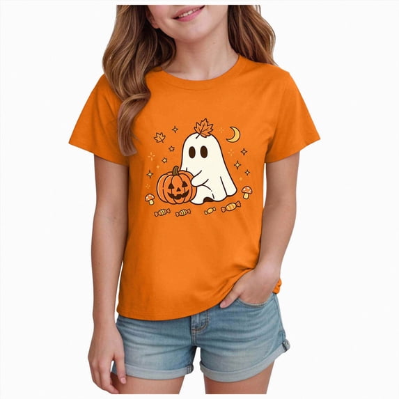 enyan Girl Halloween Shirt Pumpkin T-Shirt Kids Halloween Cotton Short Sleeve Cute Graphic Tee Top Halloween Tshirts Girls(Orange,3-4 Years)