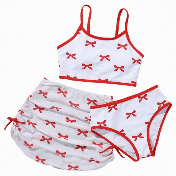 enyan Girl Rash Guard Swimsuit Girls' 3 Piece Set Bow Print Bikini Swimsuit with Drawstring Beach Skirt Cute Ruched Bathing Suit,Red,10Y