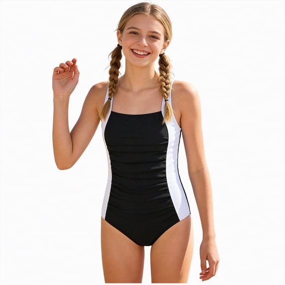 enyan Girl Swimsuit One Piece Bathing Suit for Girls Solid Color Ruched Adjustable Straps Padded Swimwear,Black,11-12 Years