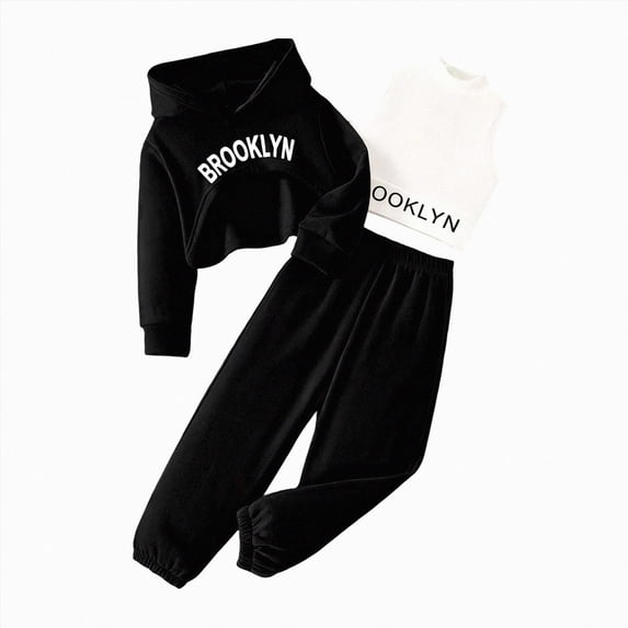 enyan Girl's 3 Piece Outfits Solid T-Shirt Top+ Long Sleeve Sweatshirt and Long Jogger Pants Fall Winter Winter Set(Black,9-10 Years)