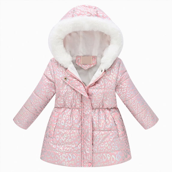 enyan Girl's Coat Winter Outwear Hooded Puffer Jacket Kids Parka Fleece Snow With Pocket(Pink,4-5 Years)