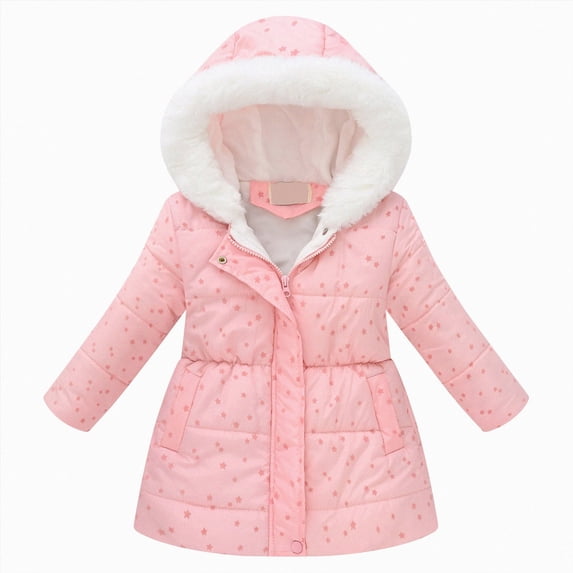 enyan Girl's Coat Winter Outwear Hooded Puffer Jacket Kids Parka Fleece Snow With Pocket(Pink,5-6 Years)