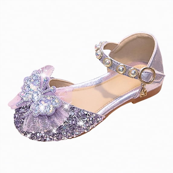 enyan Girls Dressy Shoes Flower Girls Mary Jane Bridesmaids Dress Shoes Toddler Kids Wedding Party Sparkle High Heel Princess Shoes Glitter Flat Shoes,Purple,Size 6