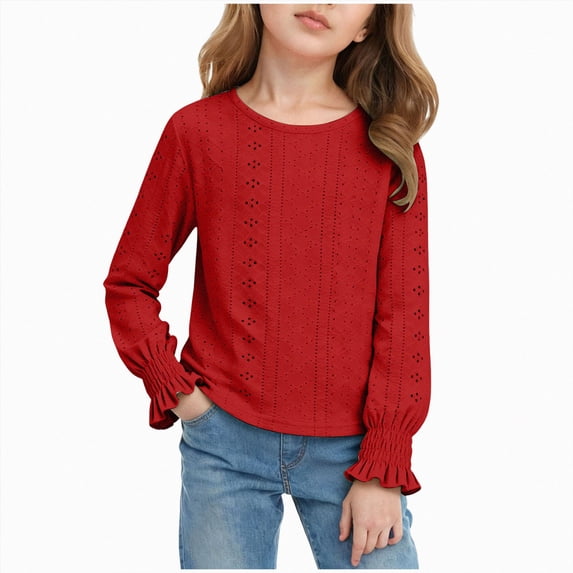 enyan Girls Eyelet Tops Long Sleeve Shirt Casual Wear Solid Color Blouse Trendy Autumn Winter Clothes(Wine,14-16 Years)