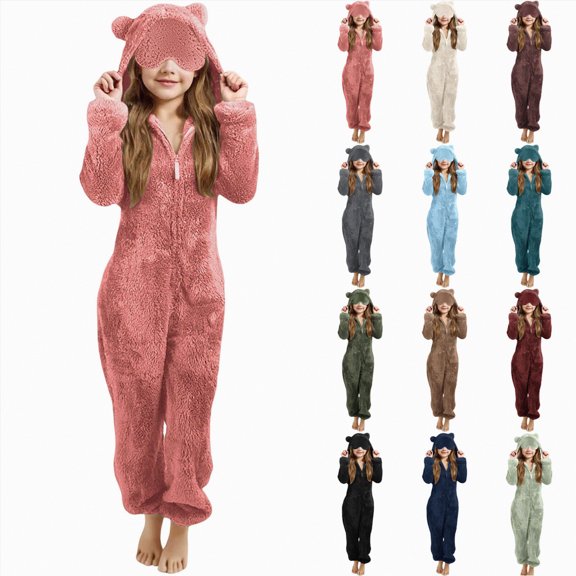 enyan Girls Fleece Jumpsuits Cute Bear Ear Hooded Rompers Zipper Winter Warm Fuzzy Snowsuit Soft Onesie Outfits Clothes One Piece Pajamas for Girls (Pink,4-5 Years)