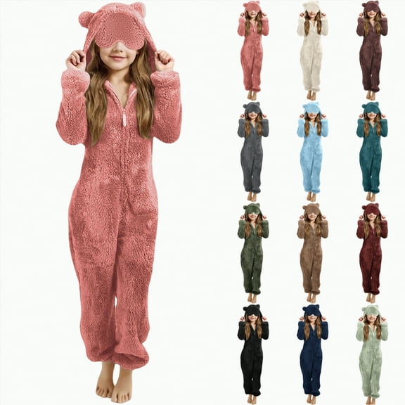 enyan Girls Fleece Jumpsuits Fuzzy Bear Hooded Kids Zip up One Piece Soft Fluffy Warm Rompers Cute Winter Preppy Clothes Onesie Pjs for Kids (Pink,12-13 Years)