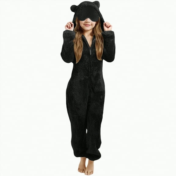 enyan Girls Fleece Onesie Warm Sherpa Fleece Bed Jumpsuit Kids Cute Winter Plain Zip Up Long Sleeve Soft Hooded Romper Kids Onesie Pajamas (Black,6-7 Years)