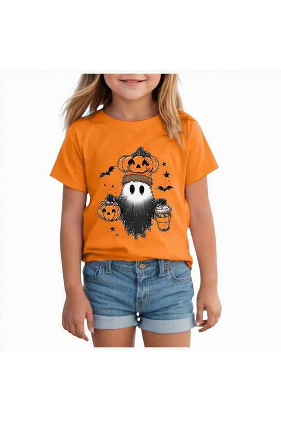 Girls Halloween Tshirt Pumpkin Ghost T Shirt Toddler Boy Girl Short Sleeve Cute Graphic Tee Tops (Orange,3-4 Years)