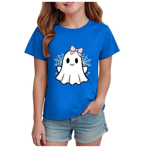 enyan Girls Halloween Tshirt Pumpkin Ghost T-Shirts Kids Boo Tees Spooky Tops Short Sleeve Halloween Shirts for Boys Girls Blue,9-10 Years