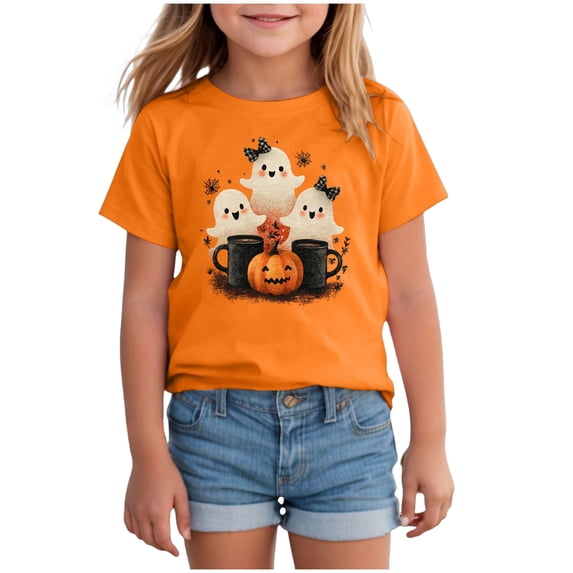 enyan Girls Halloween Tshirt Pumpkin Short Sleeve Shirts Kids Ghost Graphic Tee Tops Halloween Shirt Kids Orange,10-11 Years