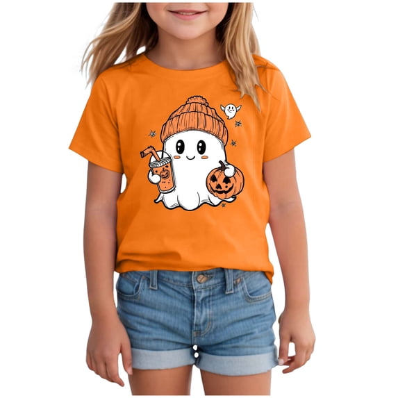 enyan Girls Halloween Tshirt Pumpkin Tshirt Kids Short Sleeve Funny Ghost Tee Tops Kids Halloween Shirts Orange,10-11 Years
