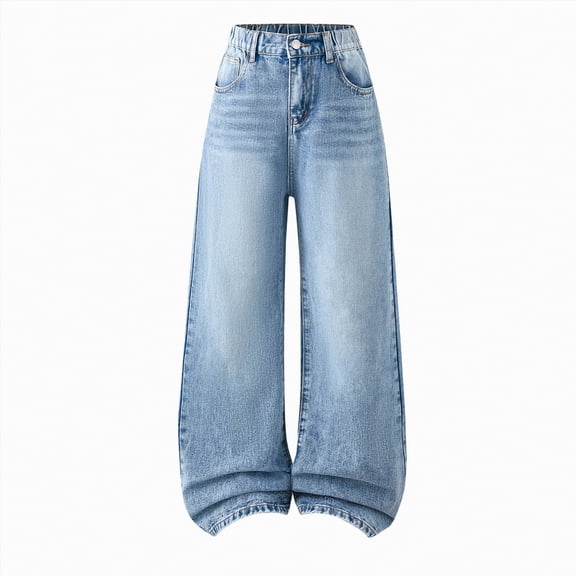 enyan Girls Jeans Denim Elastic Wasit Wide Leg Baggy Pants Kids Clothes Wide Leg Jeans For Girls Navy,12-13 Years