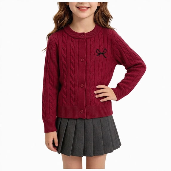 enyan Girls Knit Cardigan Sweater Button Down Long Sleeve Kids Toddler School Uniform Fall Jacket(Wine,0-1 Years)