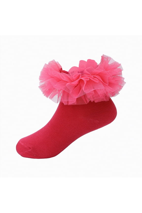 Girls Lace Ankle Socks Trim Double Layer Cute Comfortable Frilly Dress Ruffle Socks for Girls (Hot Pink,8-10 Years)
