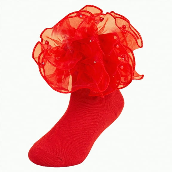 enyan Girls Lace Ruffle Socks Double Frilly Princess Style Dress Socks Toddler Turn Cuff Socks Baby Ankle Socks (Red,1-3 Years)