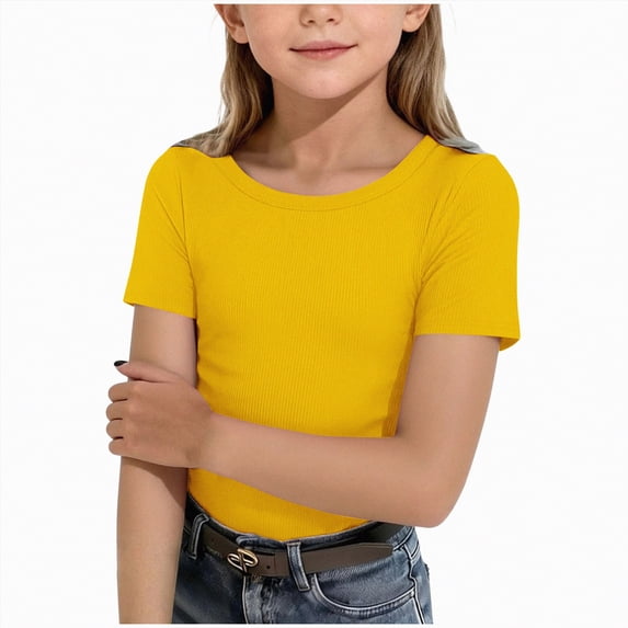 enyan Girls Loose Athletic Shirts Short Sleeve Crop Tops Kids Quick Dry Gym Yoga Tees Cute Summer Shirts,Yellow,9-10 Years