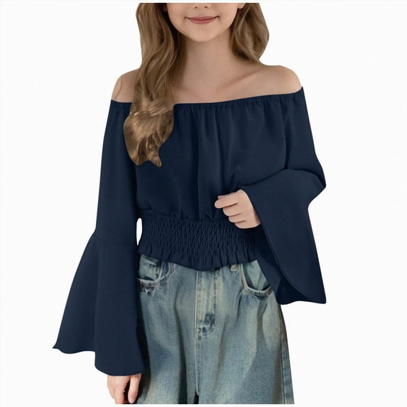 enyan Girls Off The Shoulder Crop Tops Flared Long Sleeve Chiffon Blouses Ruffle Smocked Hem Cute Spring Fall Clothes(Navy,13-14 Years)