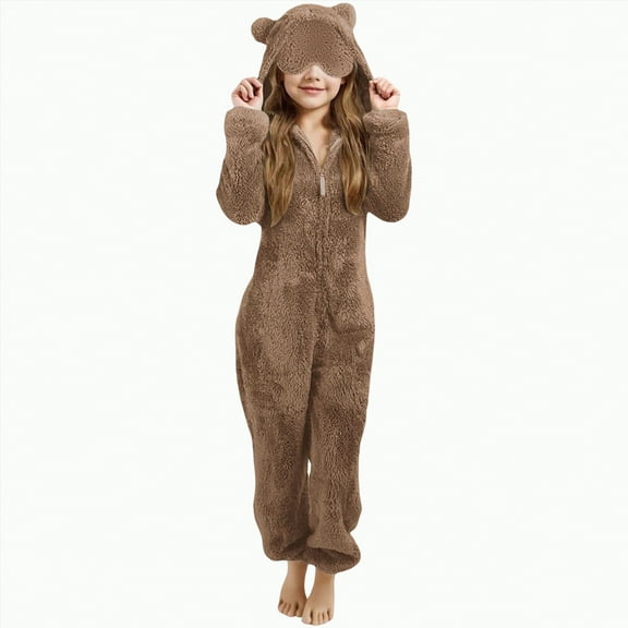 enyan Girls One Piece Pajamas Fleece Jumpsuits Half Zipper Plush Bedroom Hooded Romper Boys Girls Plain Fuzzy Soft Long Sleeve Bodysuits (Khaki,10-11 Years)