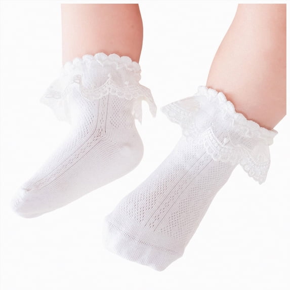 enyan Girls Ruffle Socks Double Lace Frilly Dress Socks Kids Turn Cuff Socks for Toddler Little Girls Cotton Ankle Socks (White,9-12 Years)