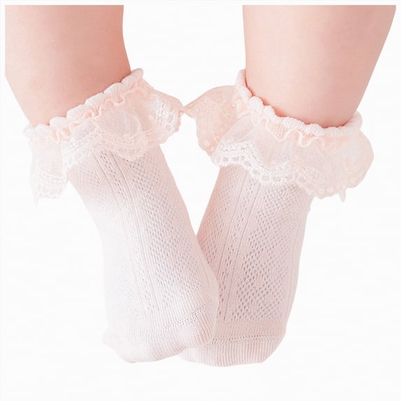 enyan Girls Ruffle Socks Toddler Double Lace Sock Turn Cuff Frilly Dress Socks Pageant with Ruffles Little Baby Girl Kids Cotton Ankle Socks (Pink,0-1 Years)