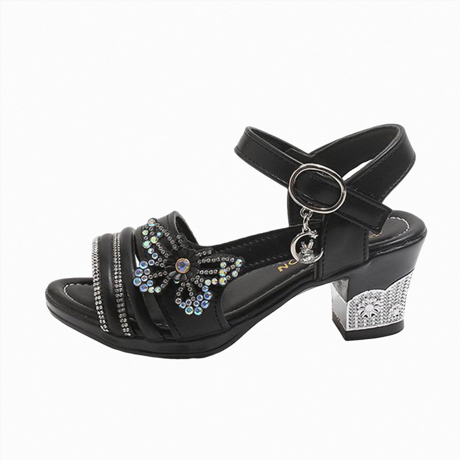 enyan Girls Sandals - Big girl and Toddler Girl Sandals with Durable Leather and Glitter Straps, Summer Dress Shoes for Girls Croc Sandals,Black,Size 1.5