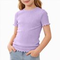 thumbnail image 1 of enyan Girls Shirt Boat Neck Ribbed Tops Lettuce Trim Short Sleeve Lightweight T-Shirts Crop Fitted Basic Tees Shirt Purple,15-16 Years, 1 of 6