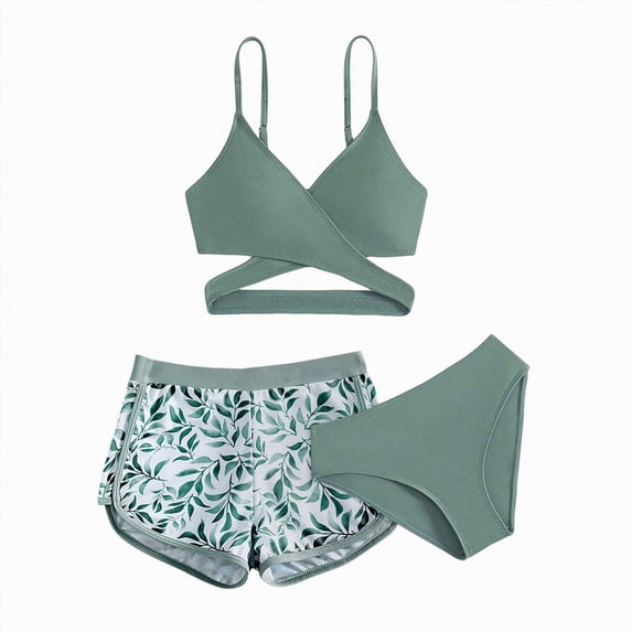 enyan Girls Swimsuit 3 Piece Bathing Suit Criss Cross Bikini Set Girls' Swimwear with Shorts,Light Green,12 Years