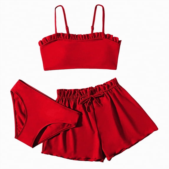 enyan Girls Swimsuit 3 Piece Bikini Set Spaghetti Strap High Waisted Bathing Suits Tankini Swim Suit Shorts Beach Swimwear,Red,12-14 Years