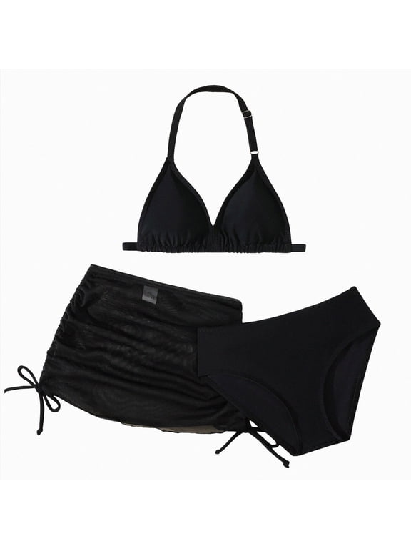 Girls Swimsuit Adjustable String Strap High Waist Bikini 2 Piece Girls' Swimwear Set Teen Girl Bathing Suits Size 9-16 Summer Vacation Swimwear,Black,12-13 Years