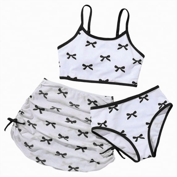 enyan Girls Swimsuit Girls' 3 Piece Set Bow Print Bikini Swimsuit with Drawstring Beach Skirt Cute Ruched Bathing Suit,White,9Y