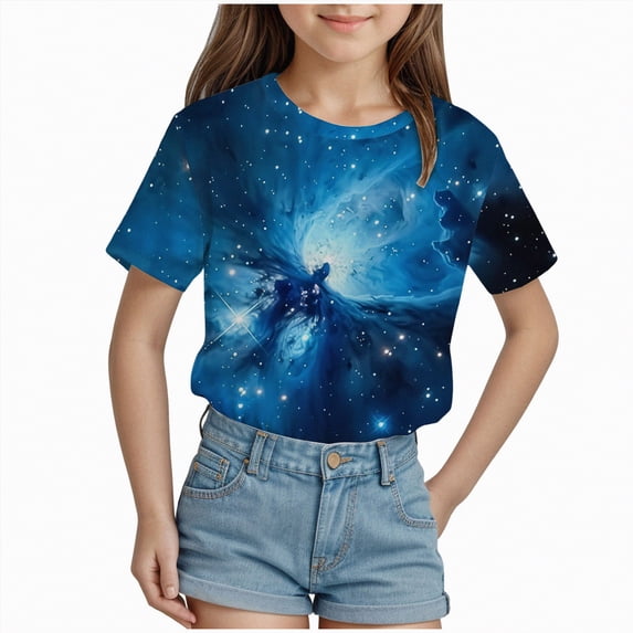 enyan Girls T Shirts Girls Starry Sky Printed Pattern Short Sleeve T Shirts Kids Summer Oversized Tops Casual Crewneck Basic Tees,Blue,12-13 Years