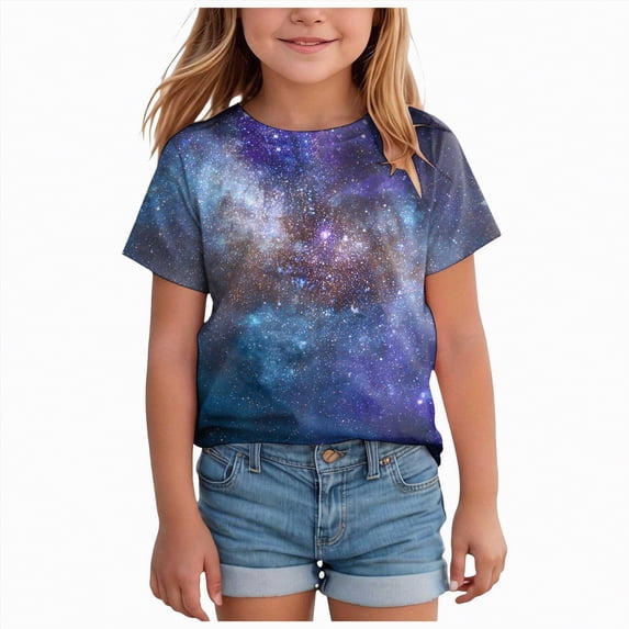 enyan Girls T Shirts Toddler Girl's Starry Sky Printed Graphic tees Short Sleeve Crew Neck t Shirt Casual Summer tee Tops,Sky Blue,3-4 Years