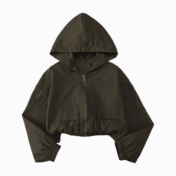 enyan Girls Zip Up Cropped Windbreaker Jacket Hooded Cargo Lightweight Outerwear(Dark Green,12-14 Years)
