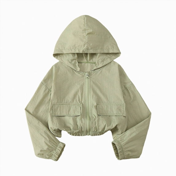 enyan Girls Zip Up Cropped Windbreaker Jacket Hooded Cargo Lightweight Outerwear(Green,10-11 Years)