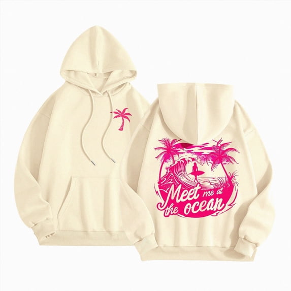 enyan Graphic Oversized Hoodies for Women Teen Girls Kids Trendy Cute Preppy Sweatshirt Long Sleeve Y2K Tops with Pockets Beige,L