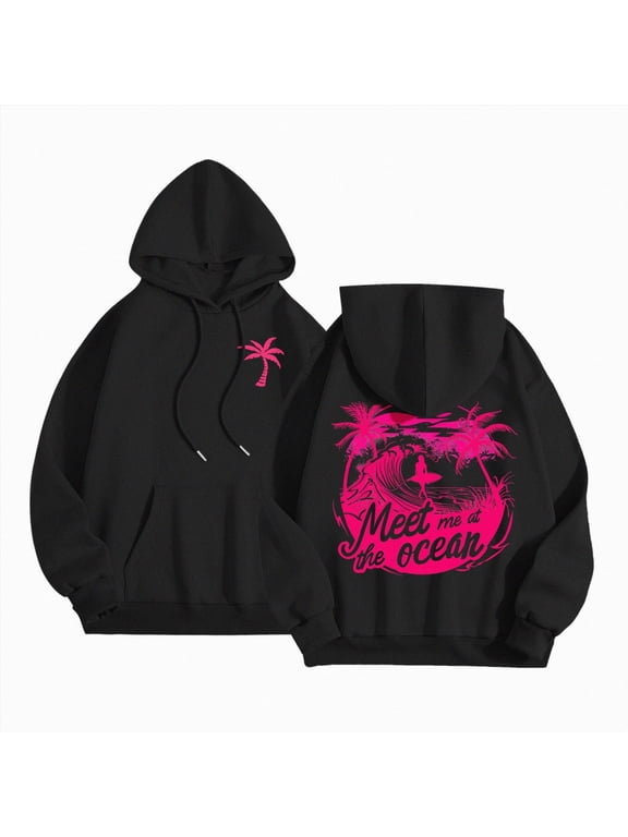 Graphic Oversized Hoodies for Women Teen Girls Kids Trendy Cute Preppy Sweatshirt Long Sleeve Y2K Tops with Pockets Black,XL