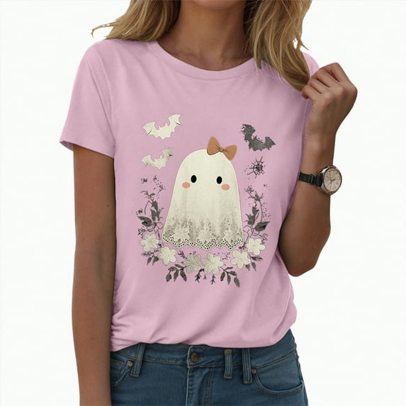 enyan Halloween Autumn Shirts for Women Shirt Fall Tee Shirt Funny Tee Pumpkin Graphic Cute Ghost Clothes Halloween T-Shirts Pink,XXL