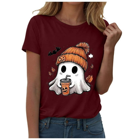 enyan Halloween Clothes for Women Halloween Shirts for Women Ghost Print Funny Crewneck Short Sleeve Top for Autumn Party Graphic T-Shirt ,3XL