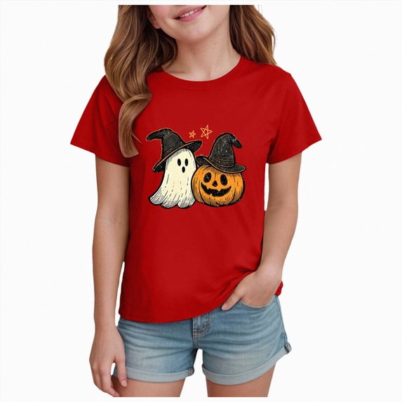 enyan Halloween Girls Shirt Ghost Pumpkin T-Shirts Kids Boo Tees Spooky Tops Short Sleeve Halloween Tshirts Girls(Red,3-4 Years)