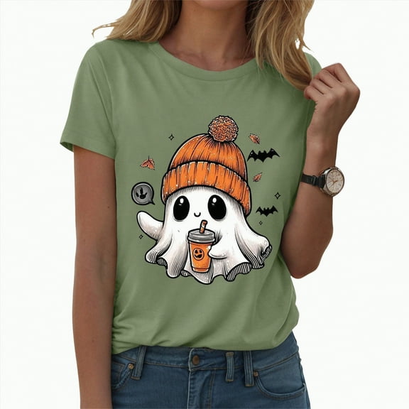 enyan Halloween Ladies Shirts Ghost Printed Funny Crewneck Short Sleeve Top Pumpkin Graphic T-Shirtfor Autumn Party Light Green,XXL