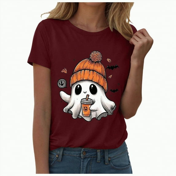 enyan Halloween Outfits Tshirts for Women Witch Halloween T Shirt Women Vintage Graphic Tees Shirt Short Sleeve Casual Funny Halloween Party Shirts Wine,S
