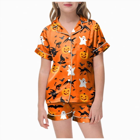 enyan Halloween Pajamas Girls Soft Button Down Short Sleeve Pjs Set Pumpkin Ghost Print Sleepwear Girls Pajama Set(Orange,12-13 Years)