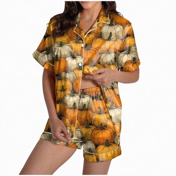 enyan Halloween Pajamas Set Cute Button Down Shirt and Shorts 2 Piece Ghost Or Pumpkin Pattern Sets Yellow,M
