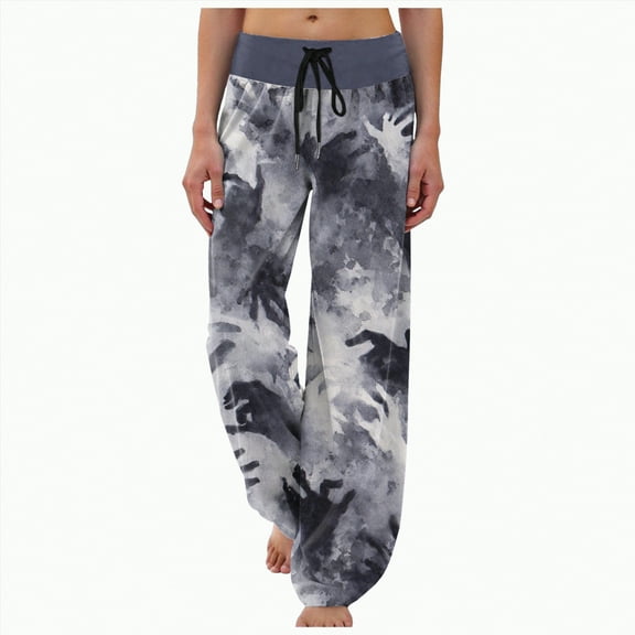enyan Halloween Pj Pants Pants for Women Flare-Leg Pants for Women Casual Bat Print Halloween Fashion Long Pants Drawstring Dark Gray,S