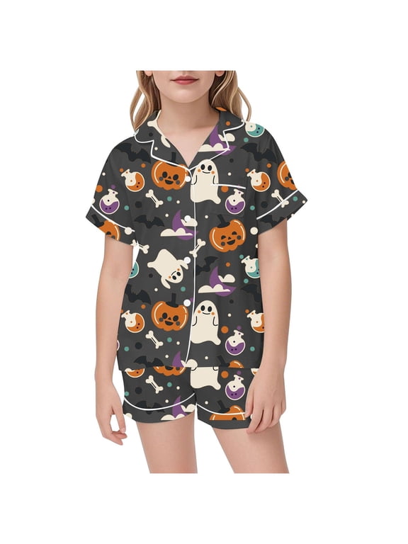 Halloween Pjs Girls Pumpkin Pajama Set Ghost Pjs Jammies Short Sleeve Button Down Lounge Sleepwear Girls' Pajama Sets(Grey,12-13 Years)