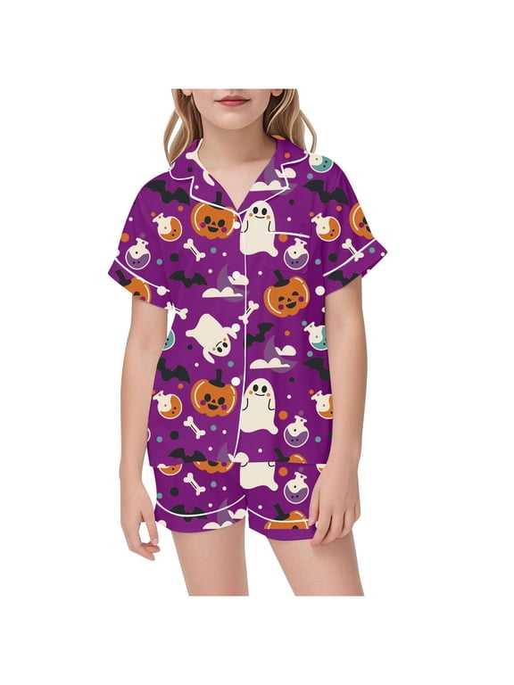 Halloween Pjs Girls Pumpkin Pajama Set Ghost Pjs Jammies Short Sleeve Button Down Lounge Sleepwear Girls' Pajama Sets(Purple,8-9 Years)