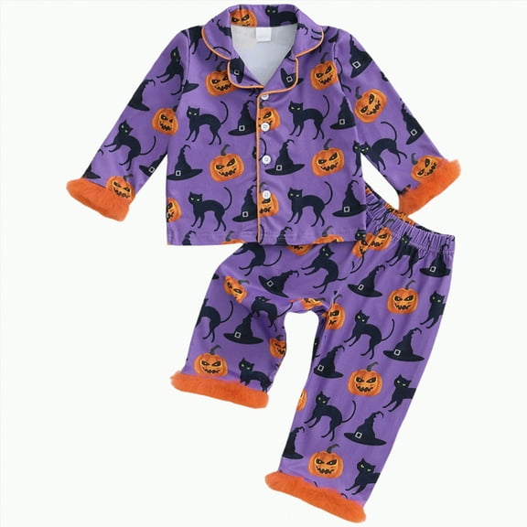 enyan Halloween Pjs Toddler Baby Girl Fuzzy Trim Long Sleeve Button Down Pumpkin Shirt Top and Pants 2pcs Pjs Sets Sleepwear (Purple,4-5 Years)