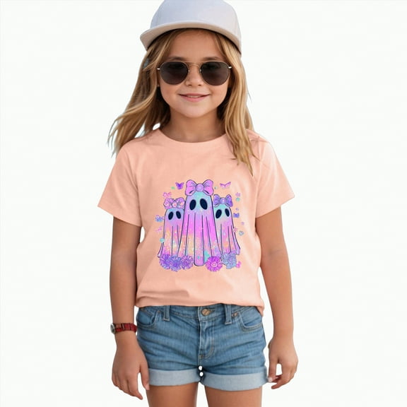 enyan Halloween Shirt Boys Girls Pumpkin Ghost T Shirt Toddler Boy Girl Short Sleeve Cute Graphic Tee Tops (Light Pink,12-18 Months)